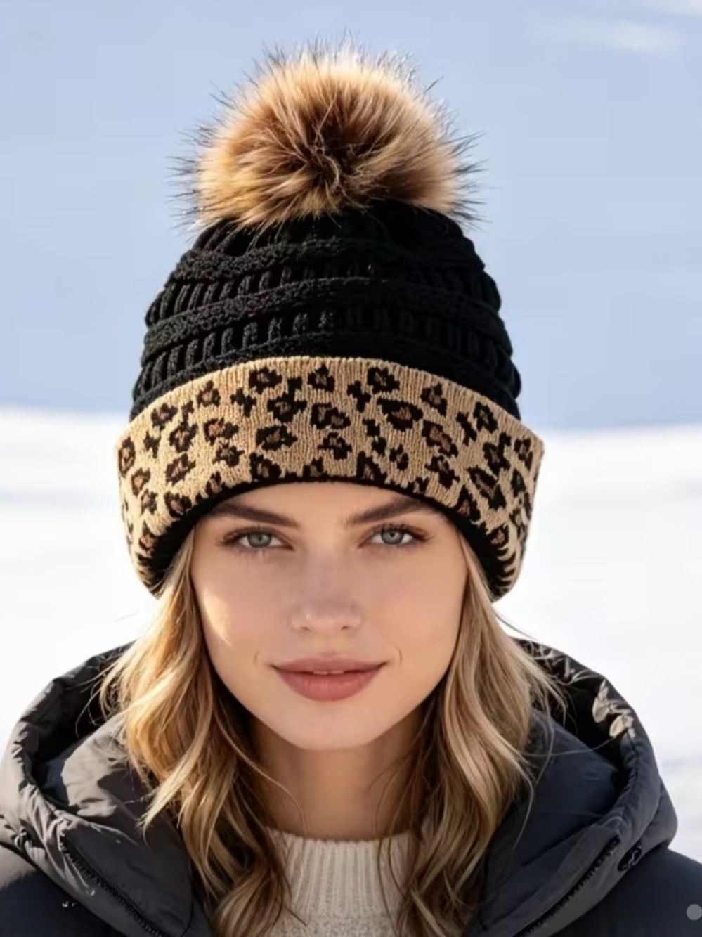 Black & Leopard Pom Beanie Hat - Women